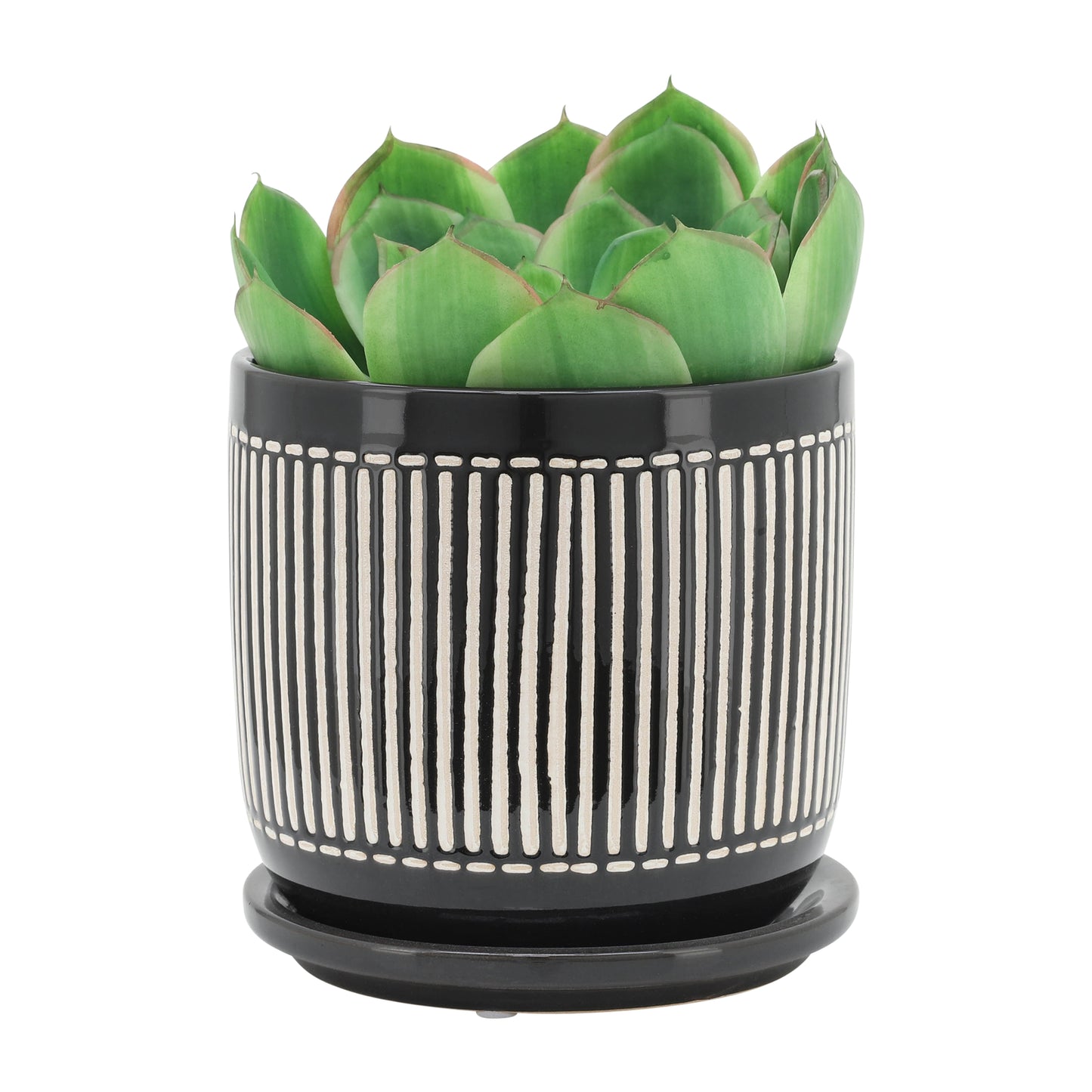 6" VERTICAL LINES PLANTER W/ SAUCER, BLACK