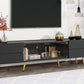 U-Can Modern TV Stand with LED lights for TVs up to 80 Inches, Entertainment Center with 4 Drawers and 1 Cabinet with Brown Glass Door, Media Console with Metal Legs and Handles for Living room