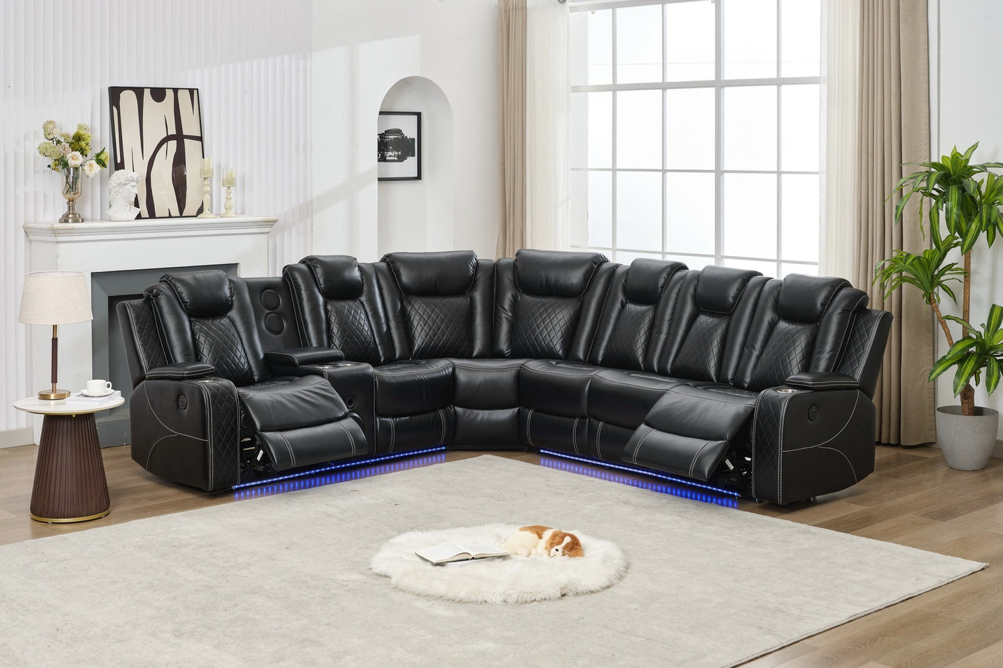 M071 Power reclining Sectional Sofa W/speaker / LED strip Black color