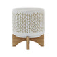 8" CHEVRON PLANTER W/ WOOD STAND, BEIGE