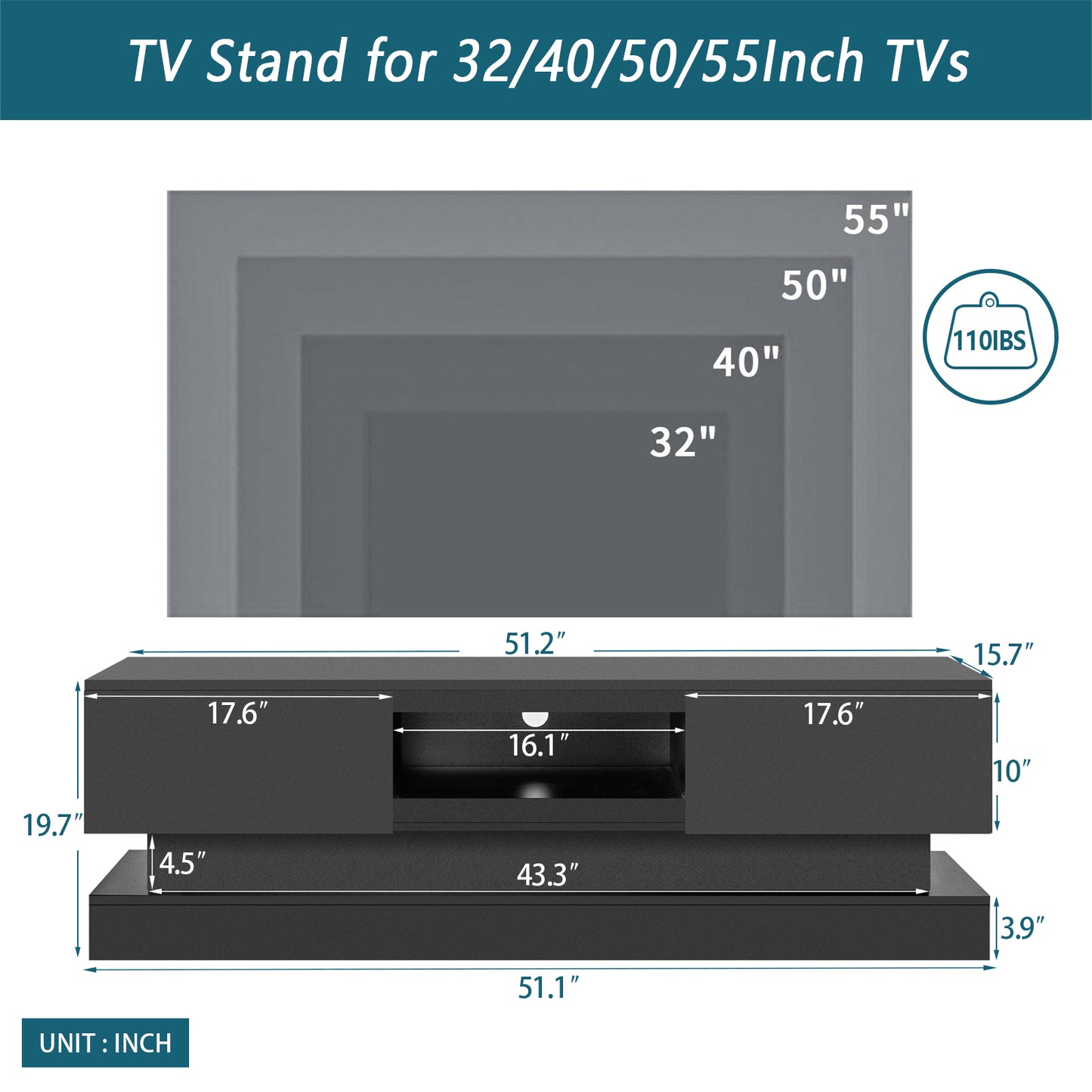 Modern TV Stand with LED Lights, High-Gloss Front For up to 55" TV's