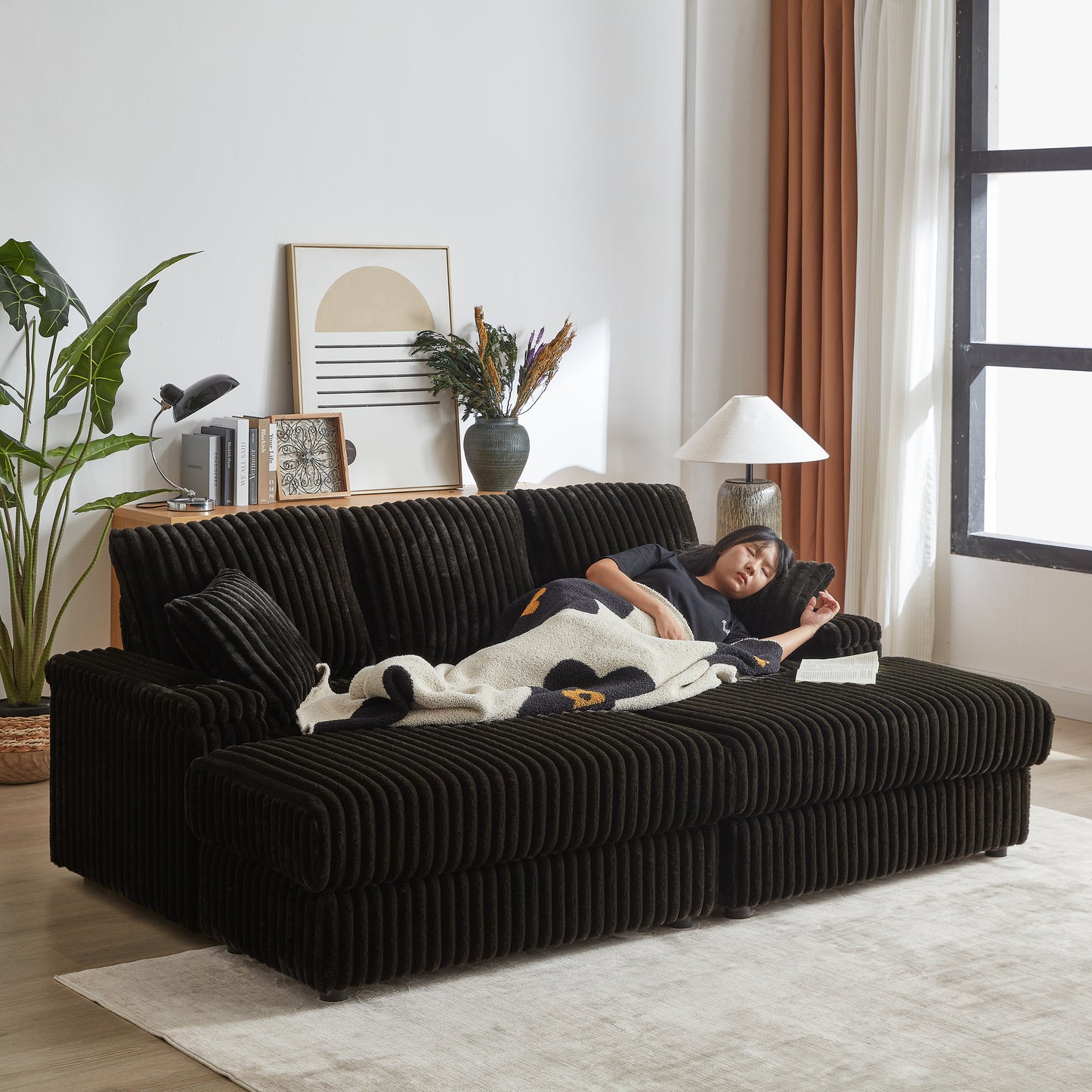 Corduroy 3-Seater Sofa With A Ottoman, 2 Storage & Cup Holder