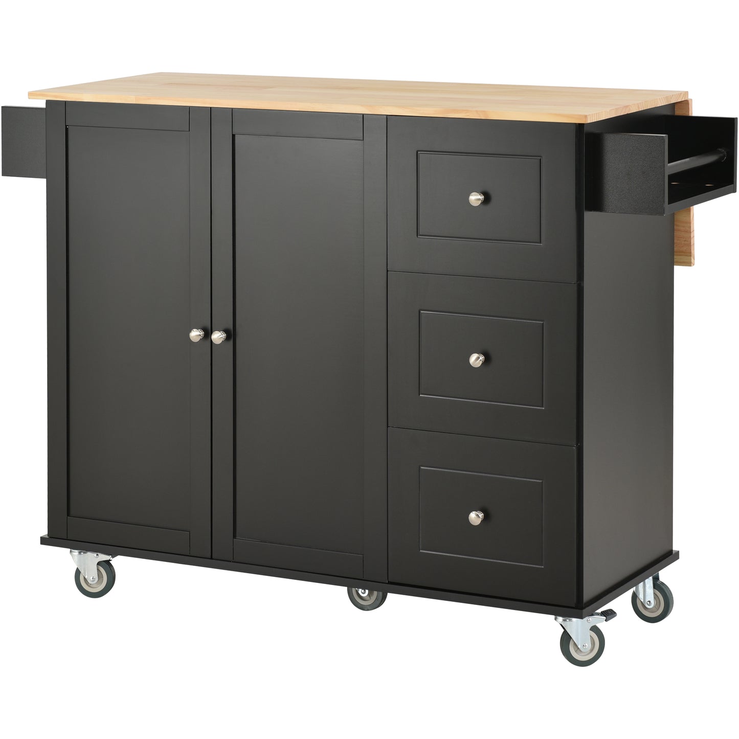 Rolling Mobile Kitchen Island with Solid Wood Top and Locking Wheels,52.7 Inch Width,Storage Cabinet and Drop Leaf Breakfast Bar,Spice Rack, Towel Rack & Drawer (Black)