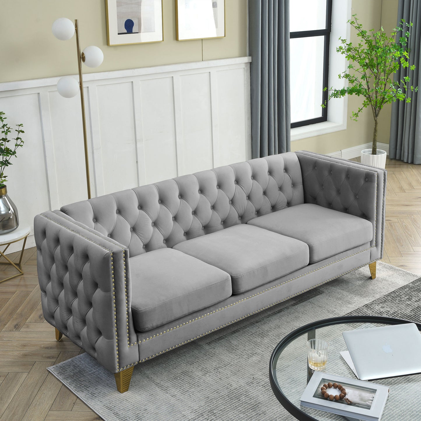 Velvet Tufted Square Arm Couch with Metal Legs - 2pcs