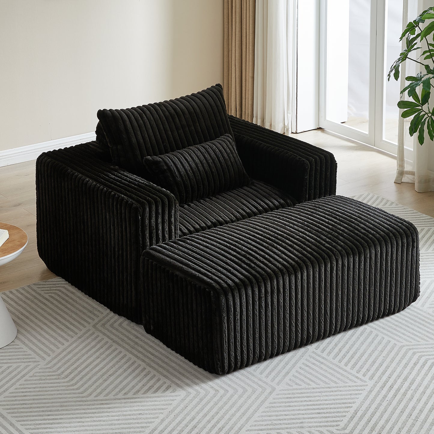 Corduroy Lounge Chair & Footrest – Fluffy Sleeper Sofa for Modern Comfort, Black