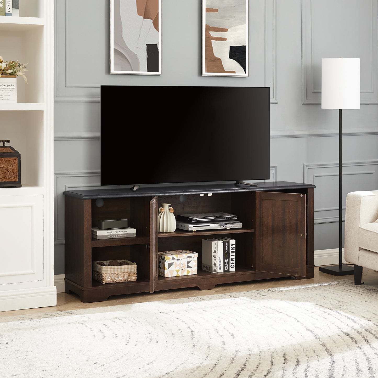 Modern Farmhouse Entertainment Console, Barn Door Design with Shelves and Cabinets For up to 80'' TV's