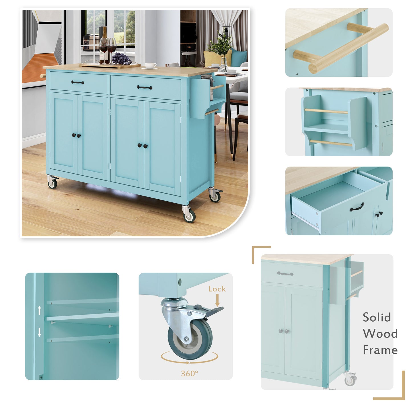 Kitchen Island Cart with 4 Door Cabinet and Two Drawers and 2 Locking Wheels - Solid Wood Top, Adjustable Shelves, Spice & Towel Rack(Mint Green)