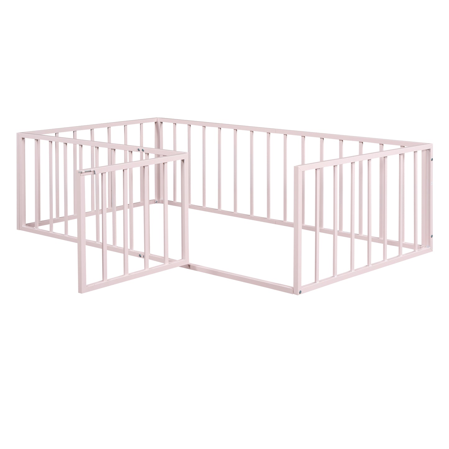 Girls, Twin Size Metal Floor Bed Frame with Fence & Door