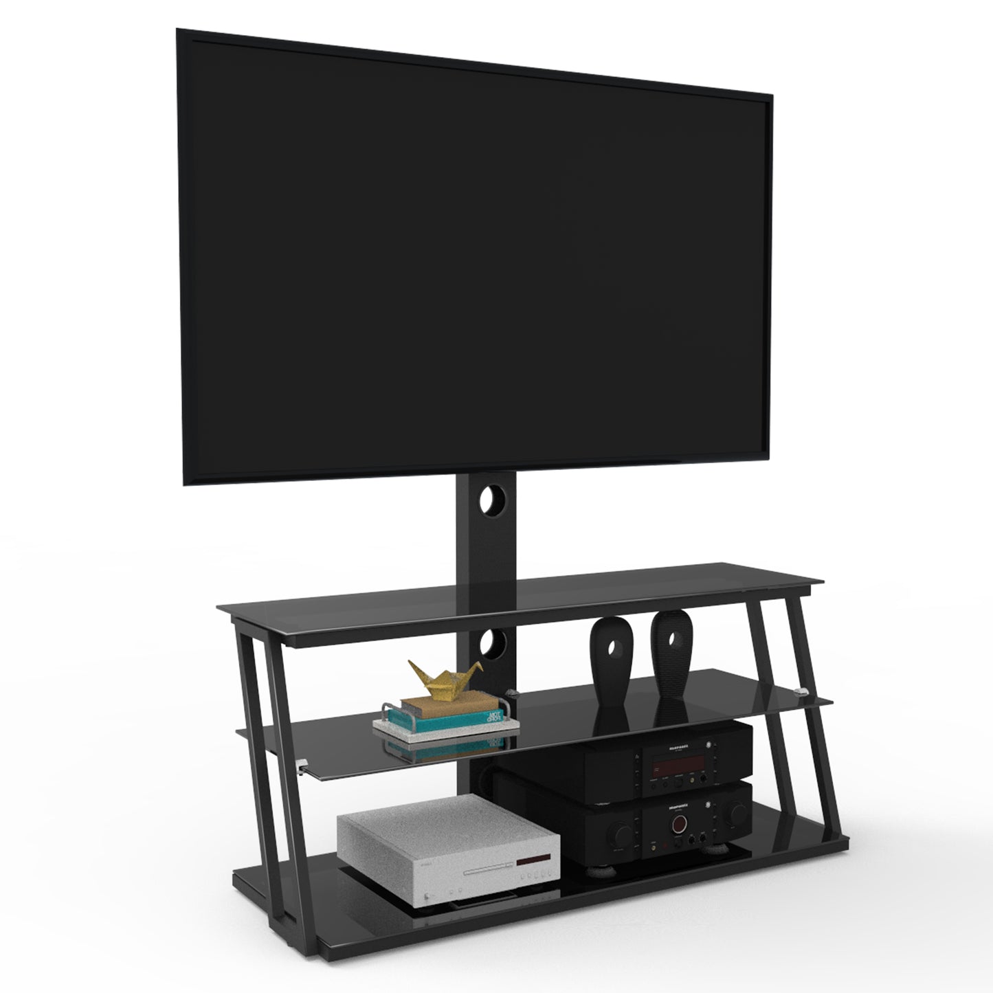 Black Multi-Function Angle And Height Adjustable Tempered Glass  TV Stand for up to 79" TV's