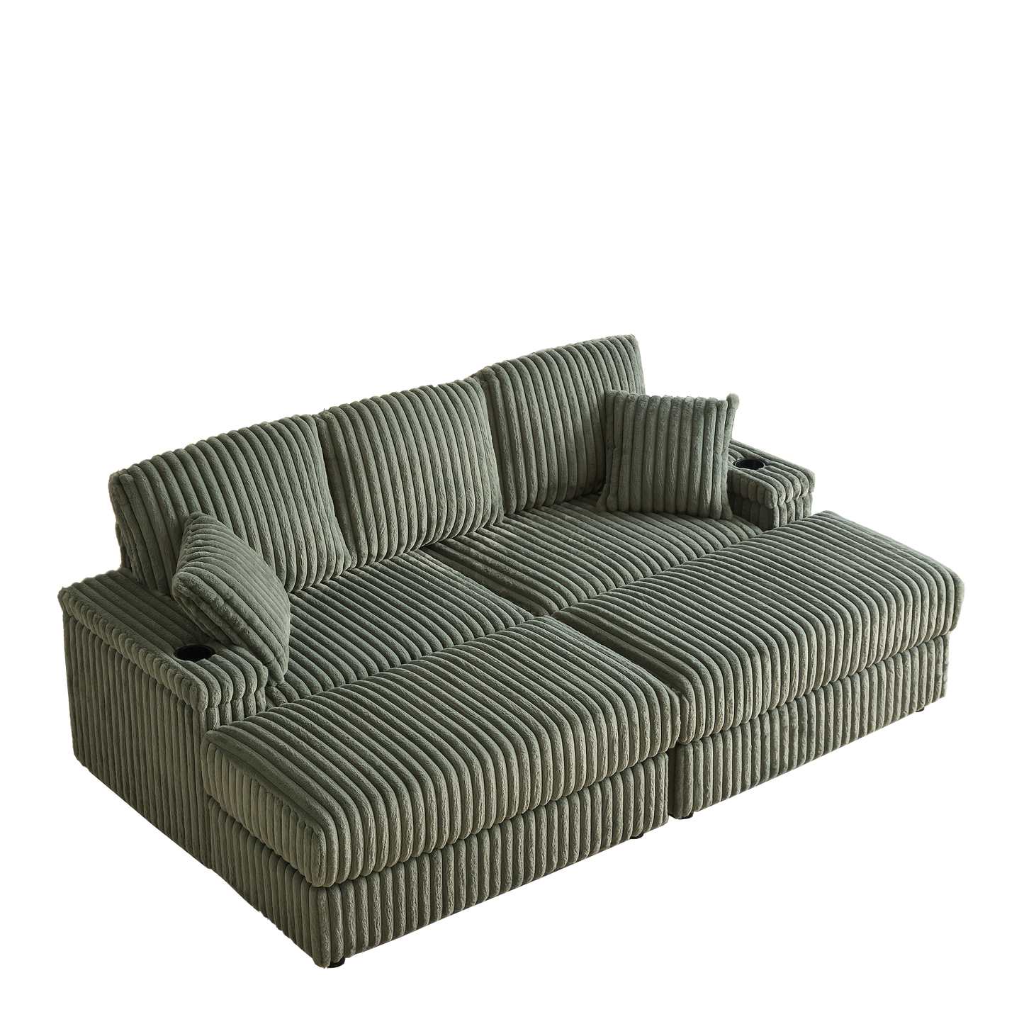 Corduroy 3-Seater Sofa With A Ottoman, 2 Storage  & Cup Holder