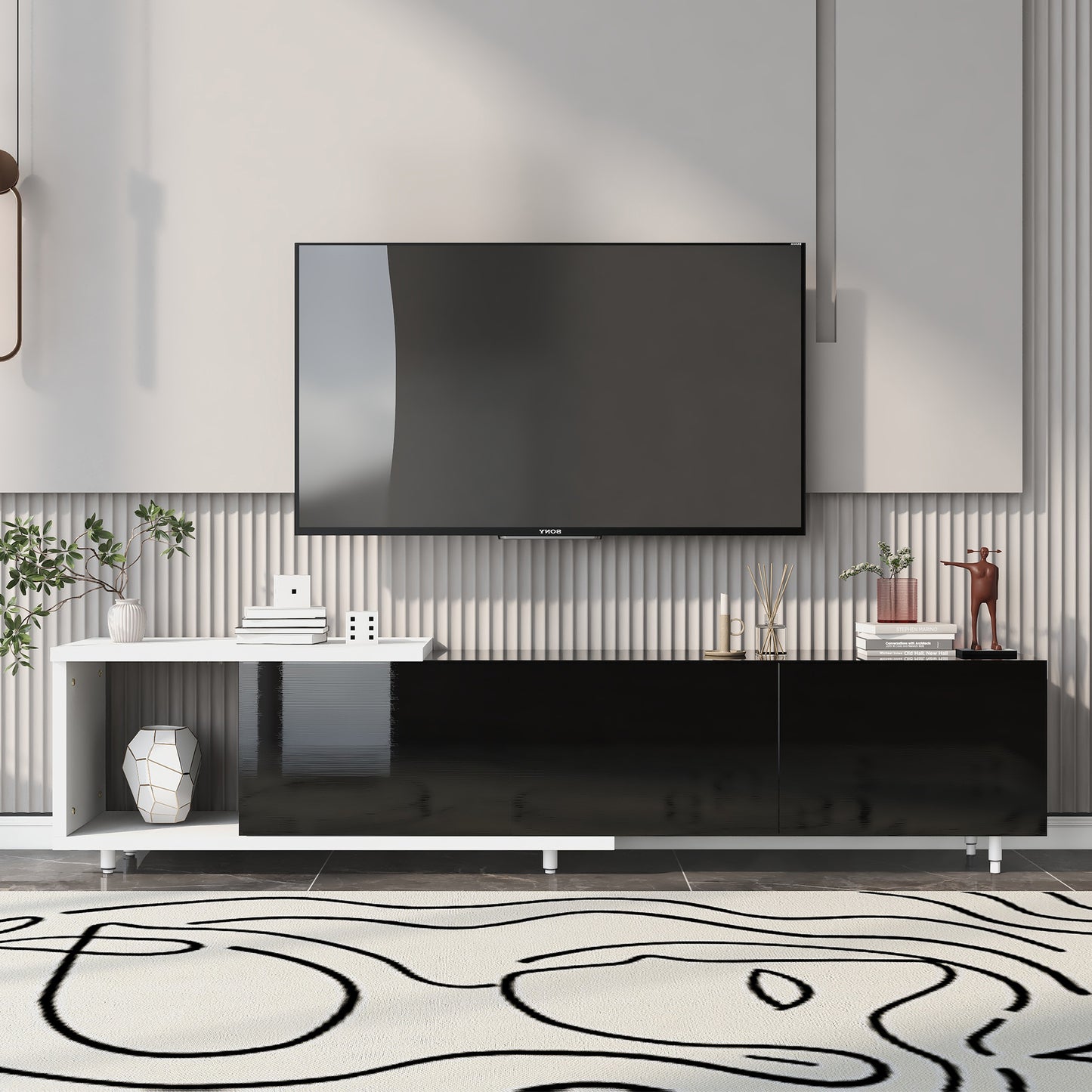 U-Can 70.1''-100'' Modern Stylish  TV Stand  TV Cabinet for 80+inch TV, White+Black, (Old SKU:WF299723AAB) Date of Expected Arrival: 11.25