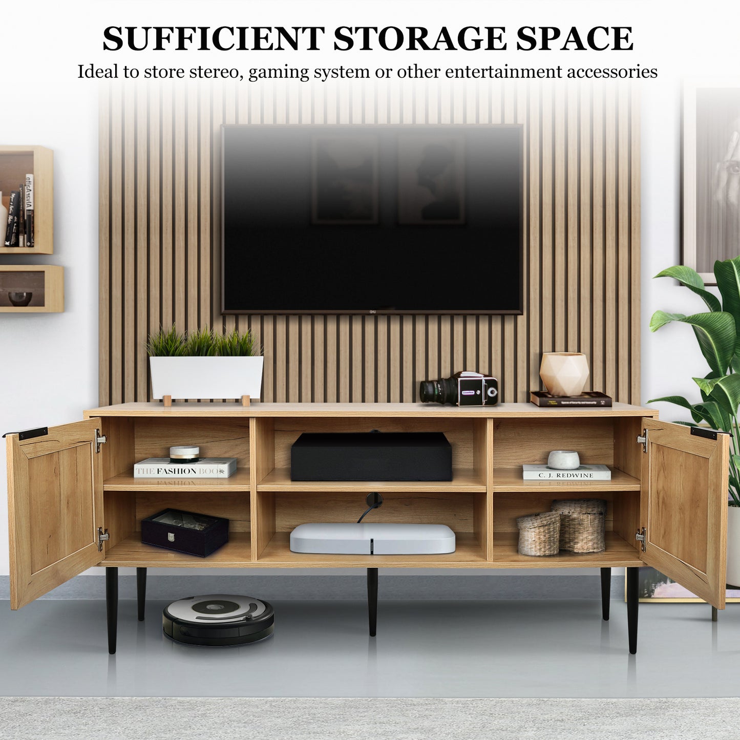 Wooden TV Stand for TVs up to 65 Inches,with 2  Rattan Decorated Doors  and 2 Open Shelves,Living Room TV Console Table Wooden Entertainment Unit, Natural Color