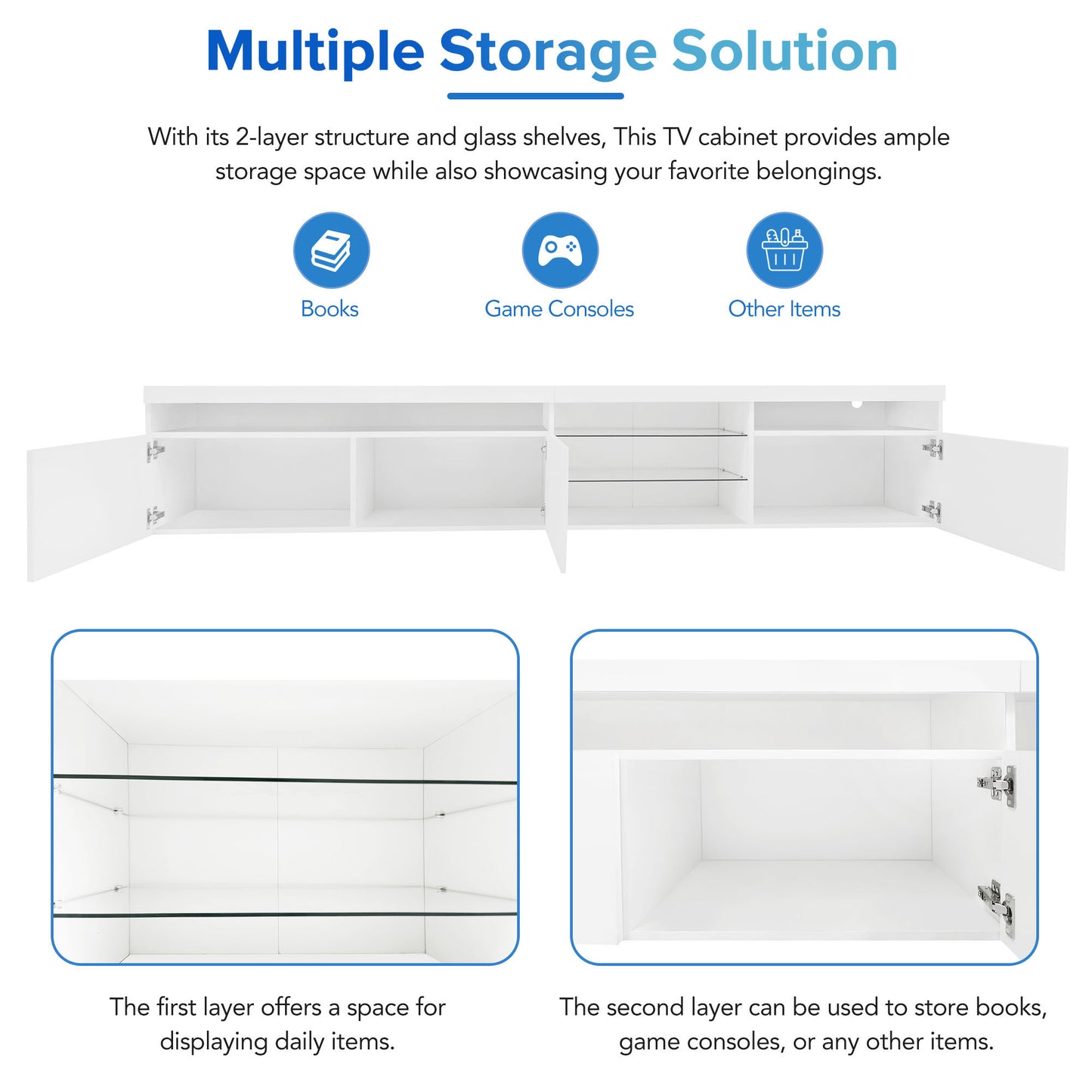 ON-TREND Unique Design TV Stand with 2 Glass Shelves, Ample Storage Space Media Console for TVs Up to 105", Versatile TV Cabinet with LED Color Changing Lights for Living Room, White