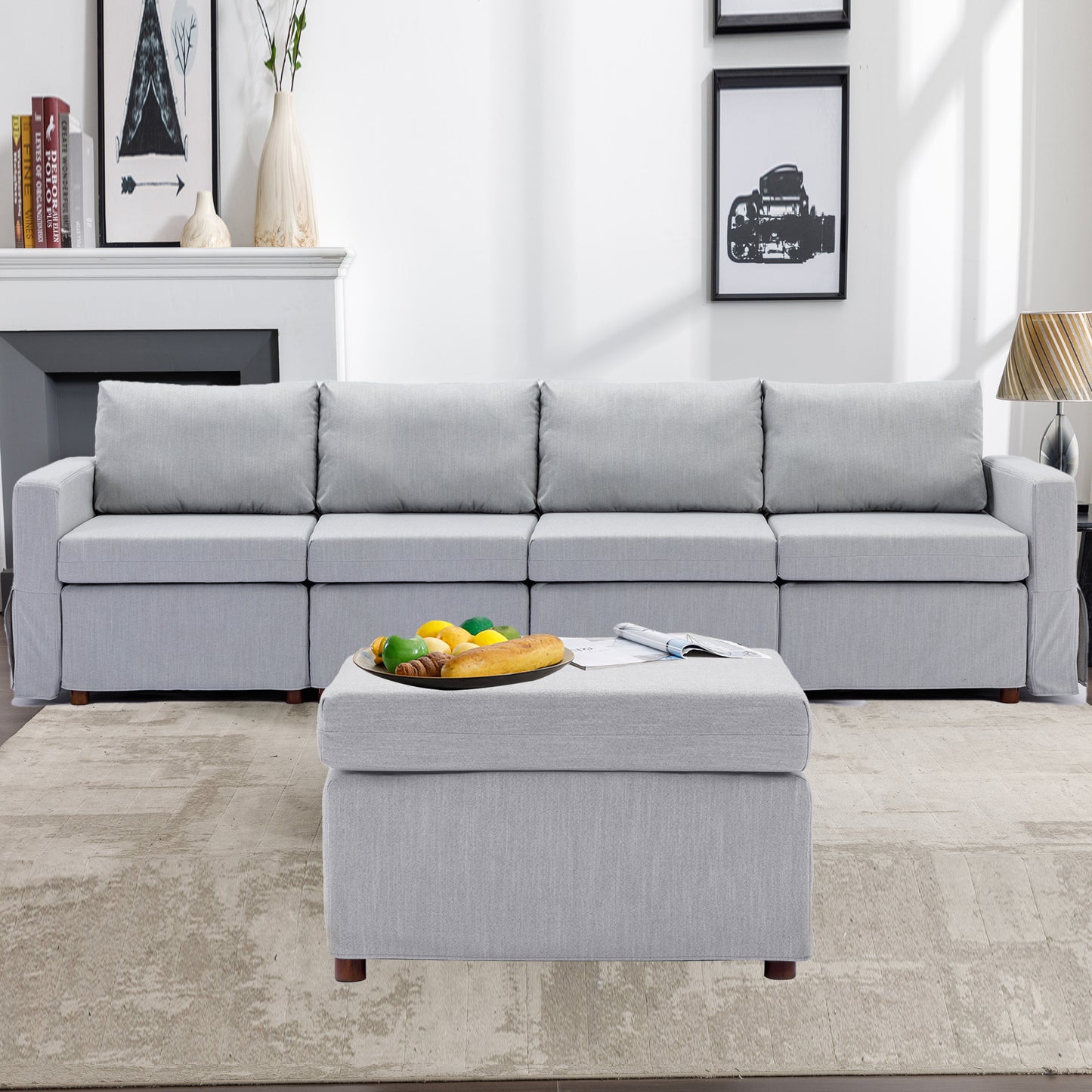 4-Seat Modular Sectional Sofa with Ottoman, Removable Cushions