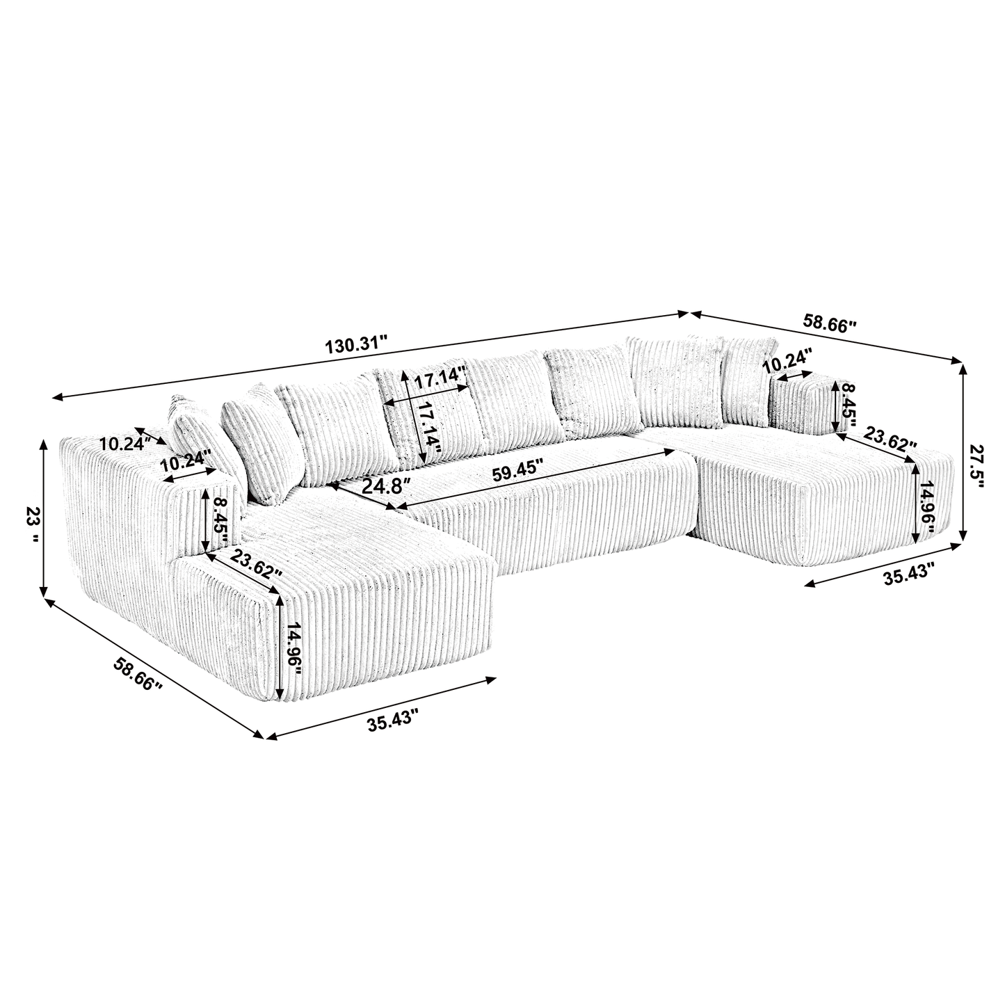 Modular Corduroy U-Sectional Sofa with Lounge Chaise