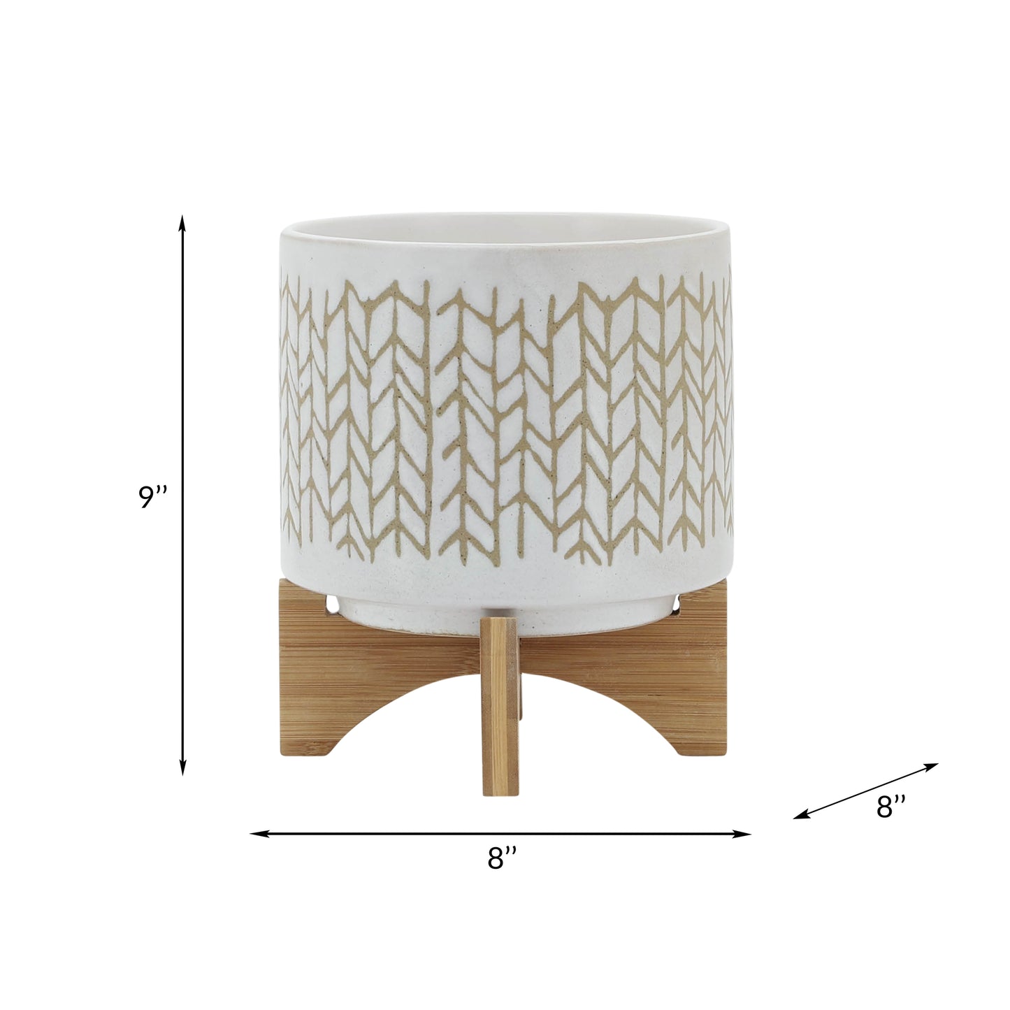 8" CHEVRON PLANTER W/ WOOD STAND, BEIGE