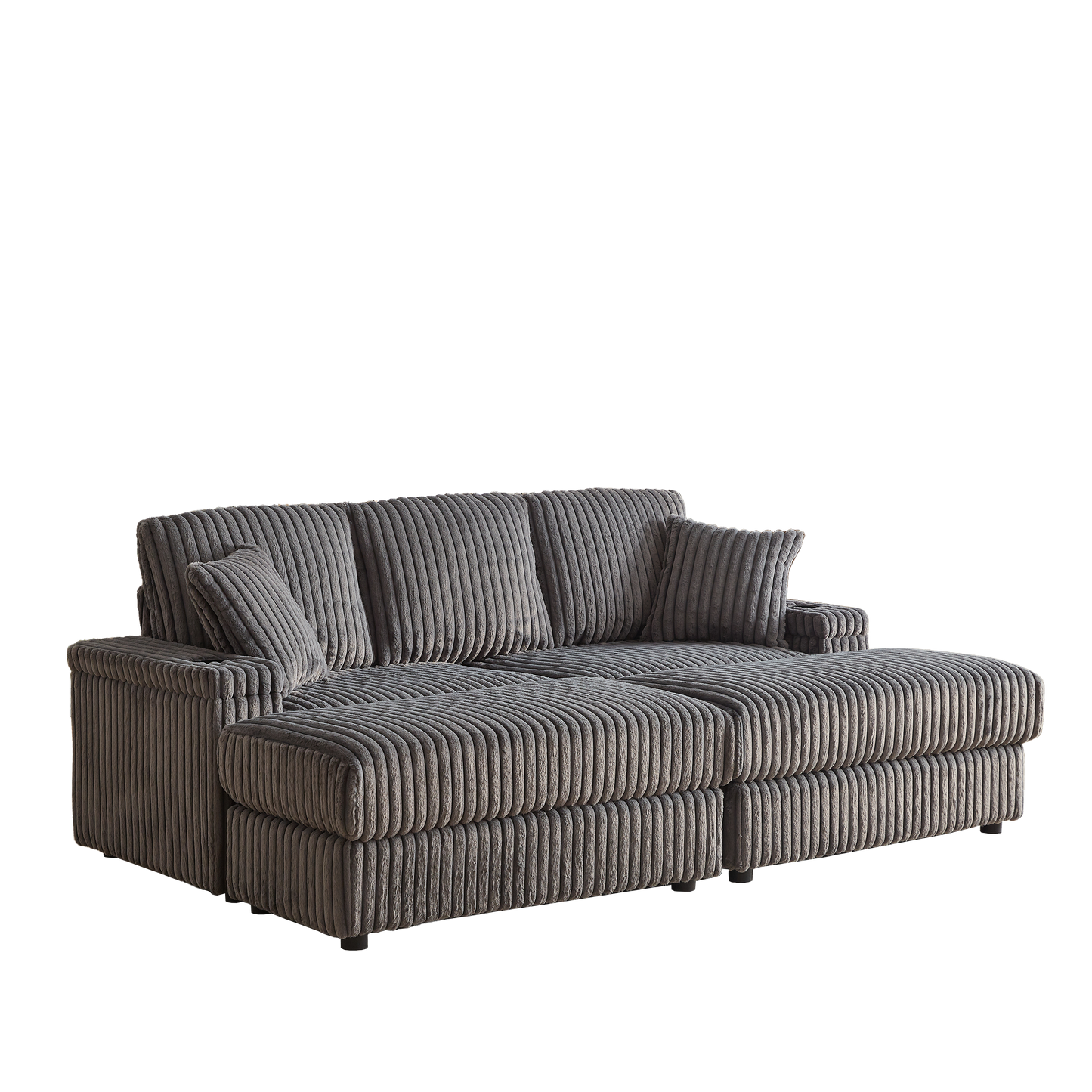 Corduroy 3-Seater Gray Sofa with Ottoman, Storage, & Cup Holders