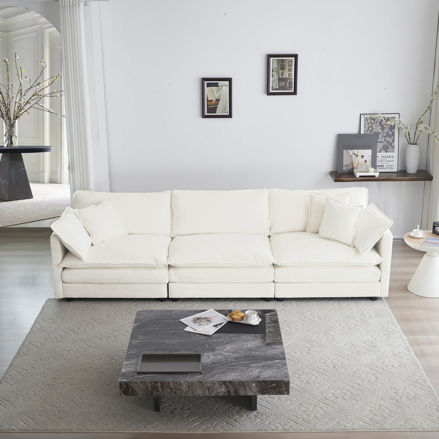 Mid-Century Modern Couch 3-Seater Sofa with 2 Armrest Pillows and 3 Toss Pillows, Couch for Living Room White Chenille