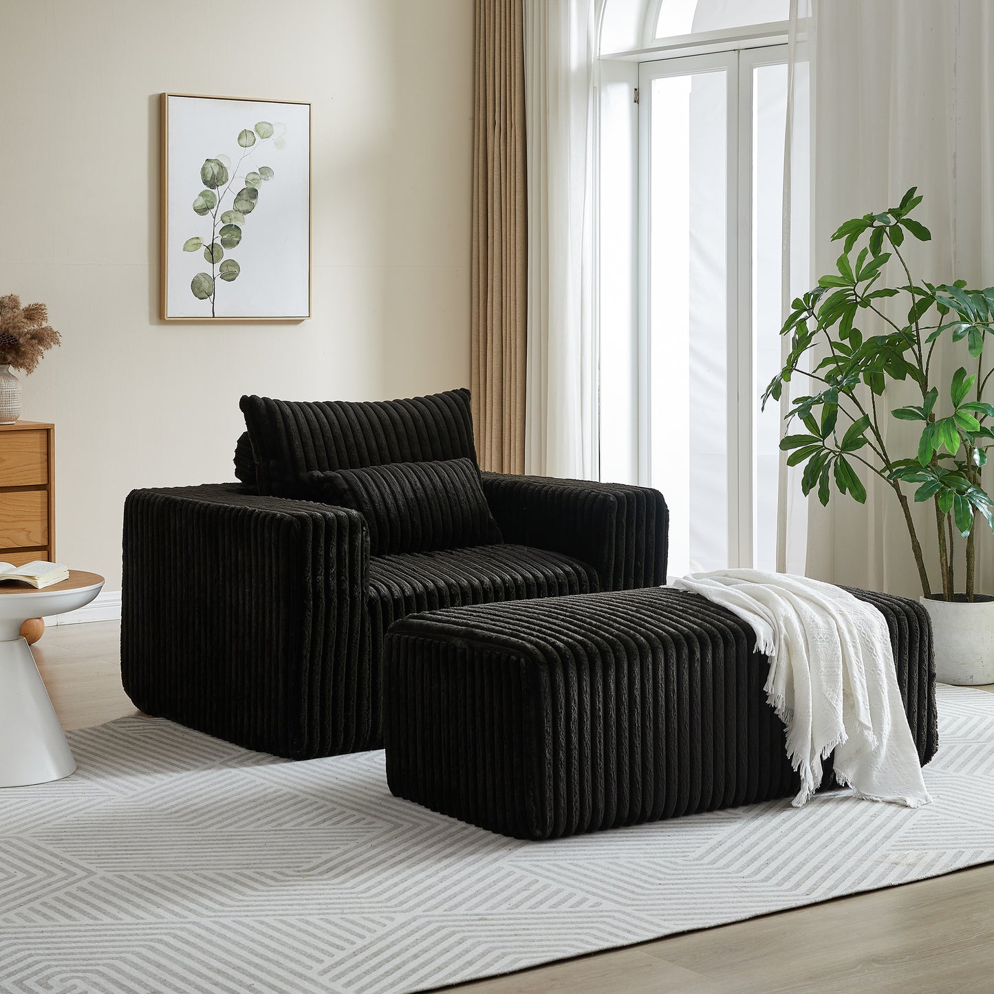 Corduroy Lounge Chair & Footrest – Fluffy Sleeper Sofa for Modern Comfort, Black