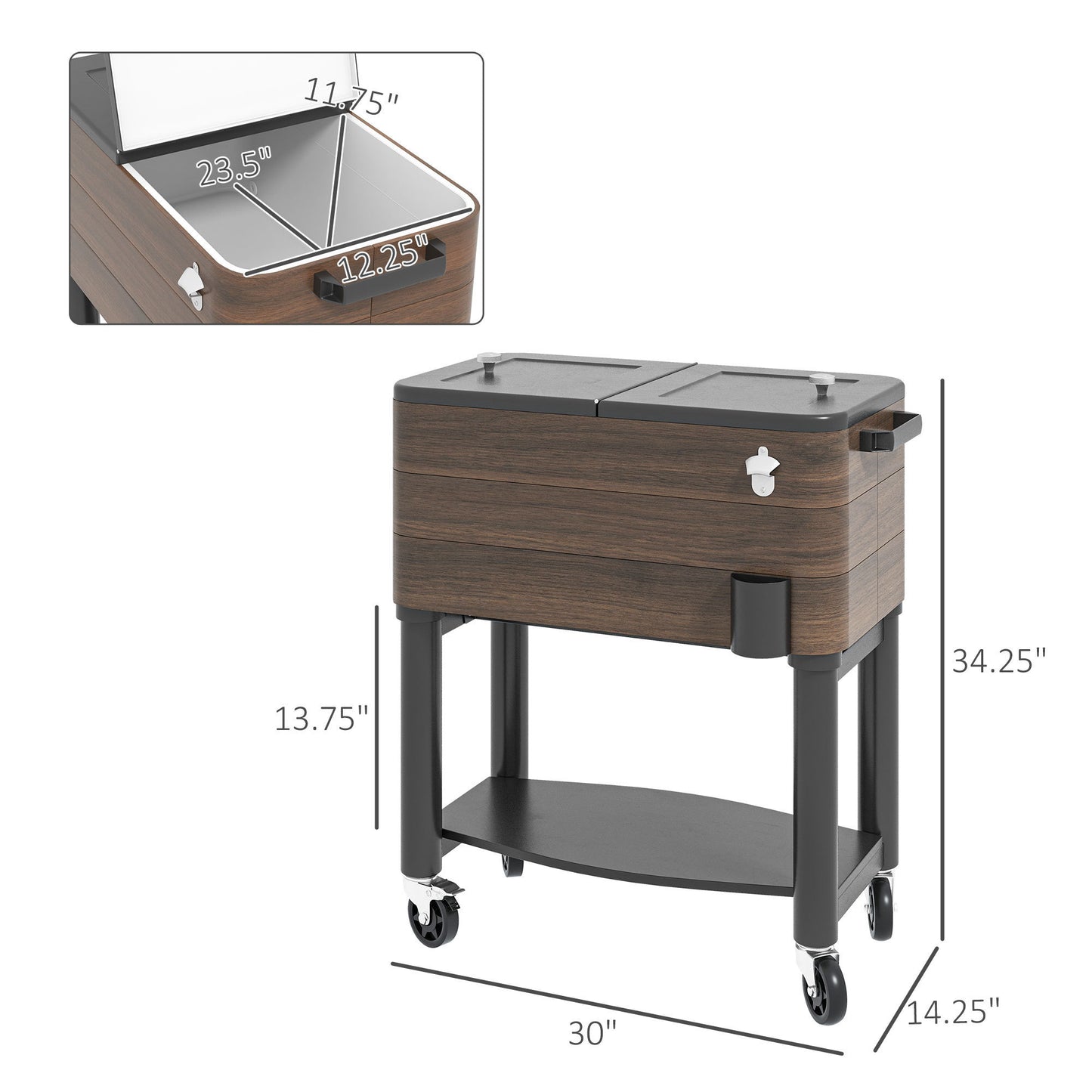 Outsunny Outdoor Cooler Cart, Rolling Beverage Ice Chest, Rugged Steel Patio Cooler with Locking Wheels, 60 Quart Capacity for Poolside BBQs, Brown