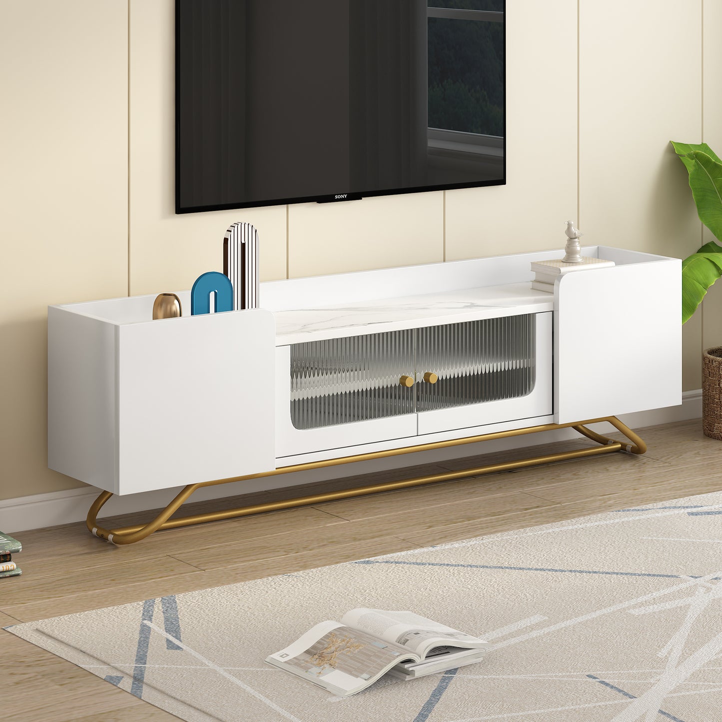 ON-TREND Sleek Design TV Stand with Fluted Glass, Contemporary Entertainment Center for TVs Up to 70", Faux Marble Top TV Console Table with Gold Frame Base, White