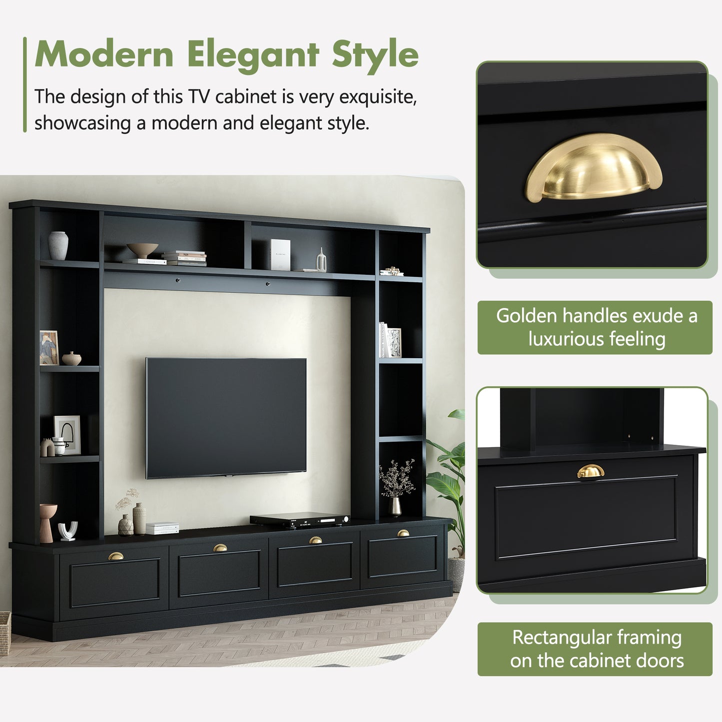 ON-TREND Large Wall Unit Entertainment Center with Bookshelves for TVs Up to 78'', Modern TV Console with Cabinets and Open Shelves, 4-in-1 TV Stand with Golden Handles, Black, 104.2''W*81.2''H