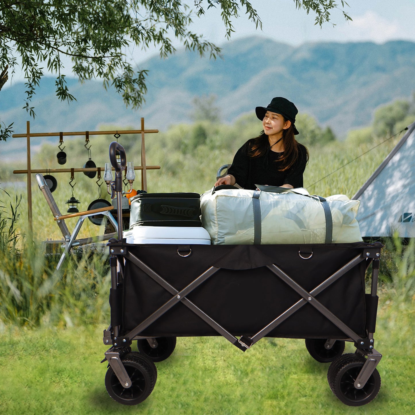 Folding Wagon, Heavy Duty Utility Beach Wagon Cart for Sand with Big Wheels, Adjustable Handle&Drink Holders for Shopping, Camping,Garden and Outdoor