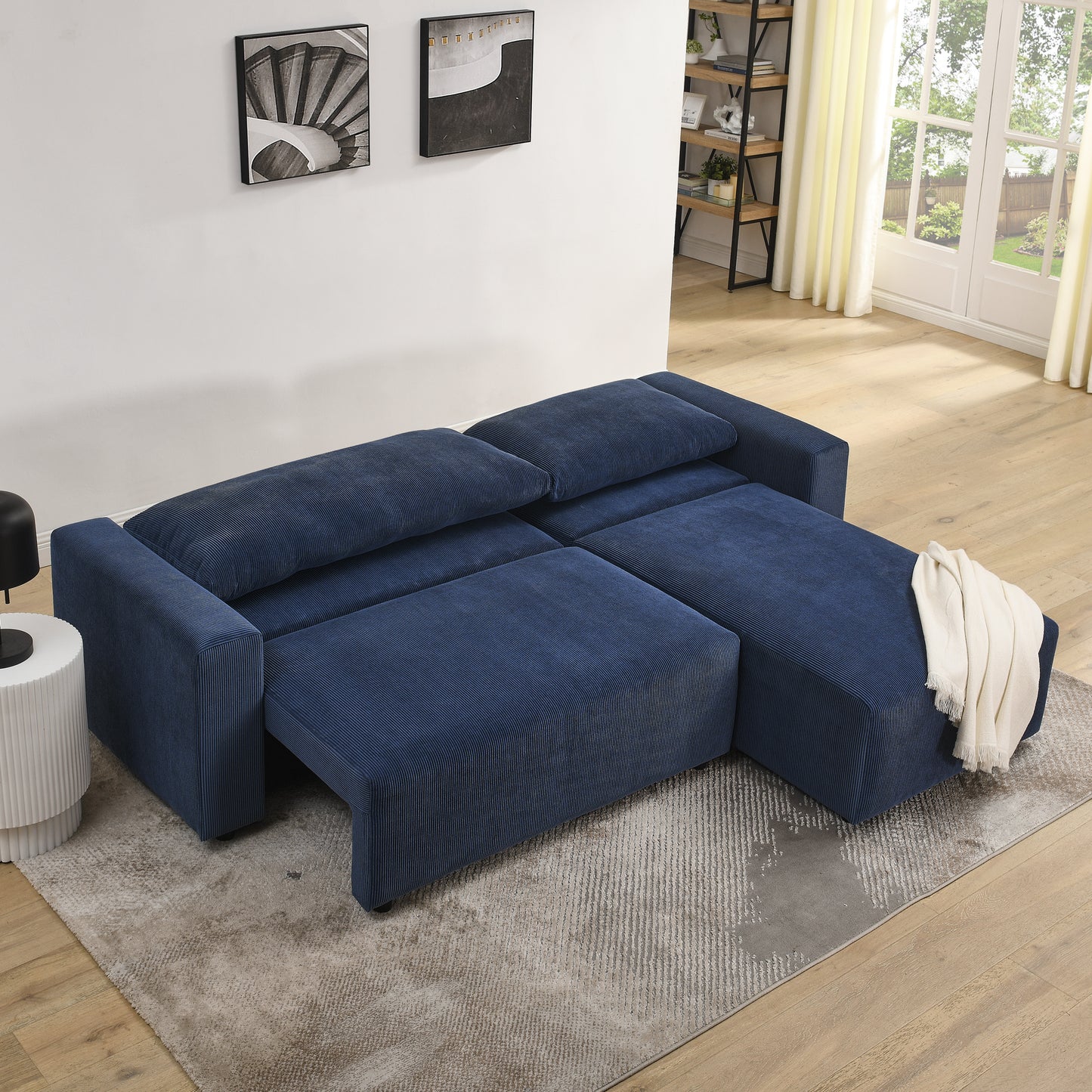 Modular L Shaped Corduroy Upholstered 3 Seater Sofa Bed with Storage, Blue