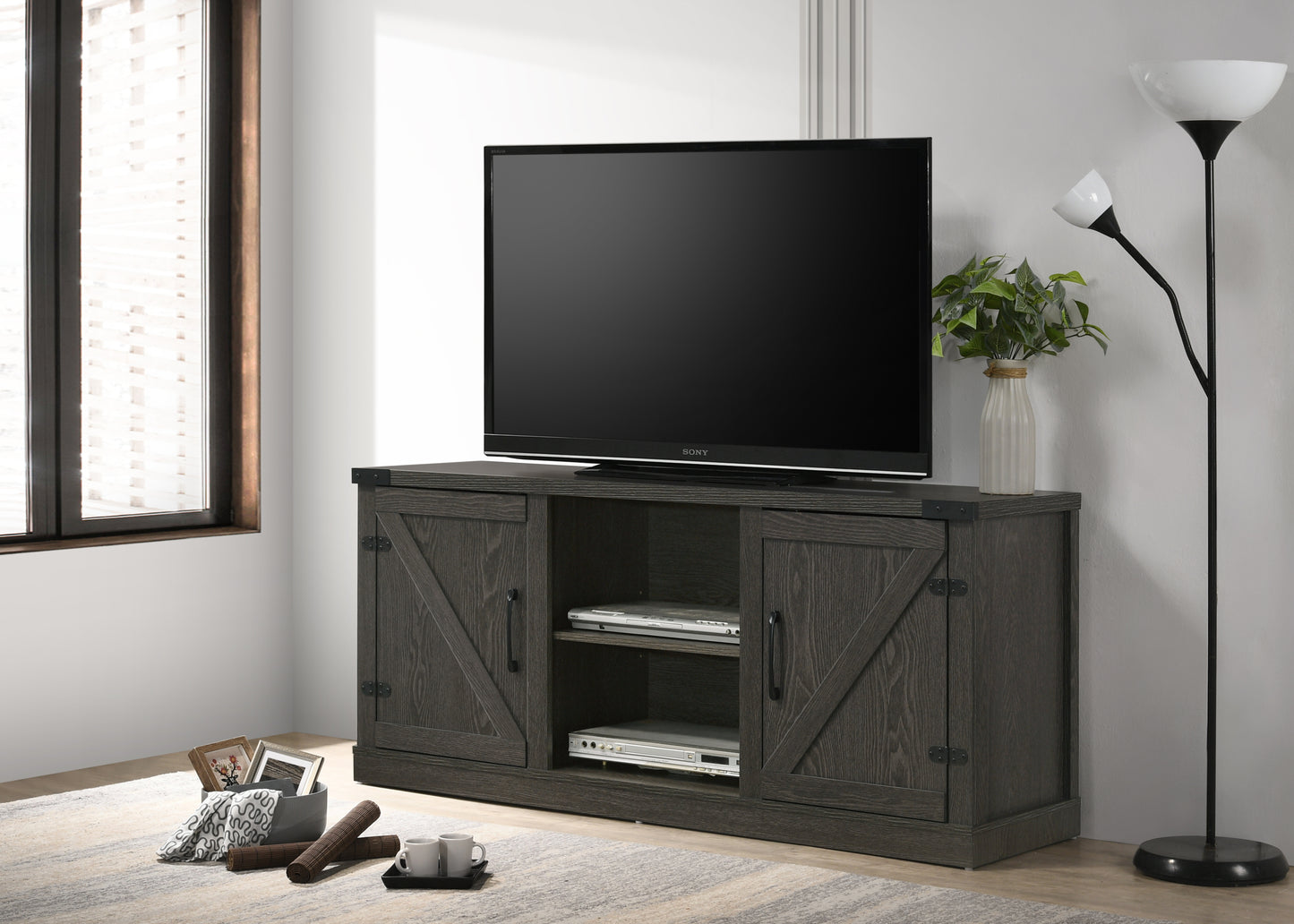 Salma Dark Gray 58" Wide TV Stand with 2 Open Shelves and 2 Cabinets