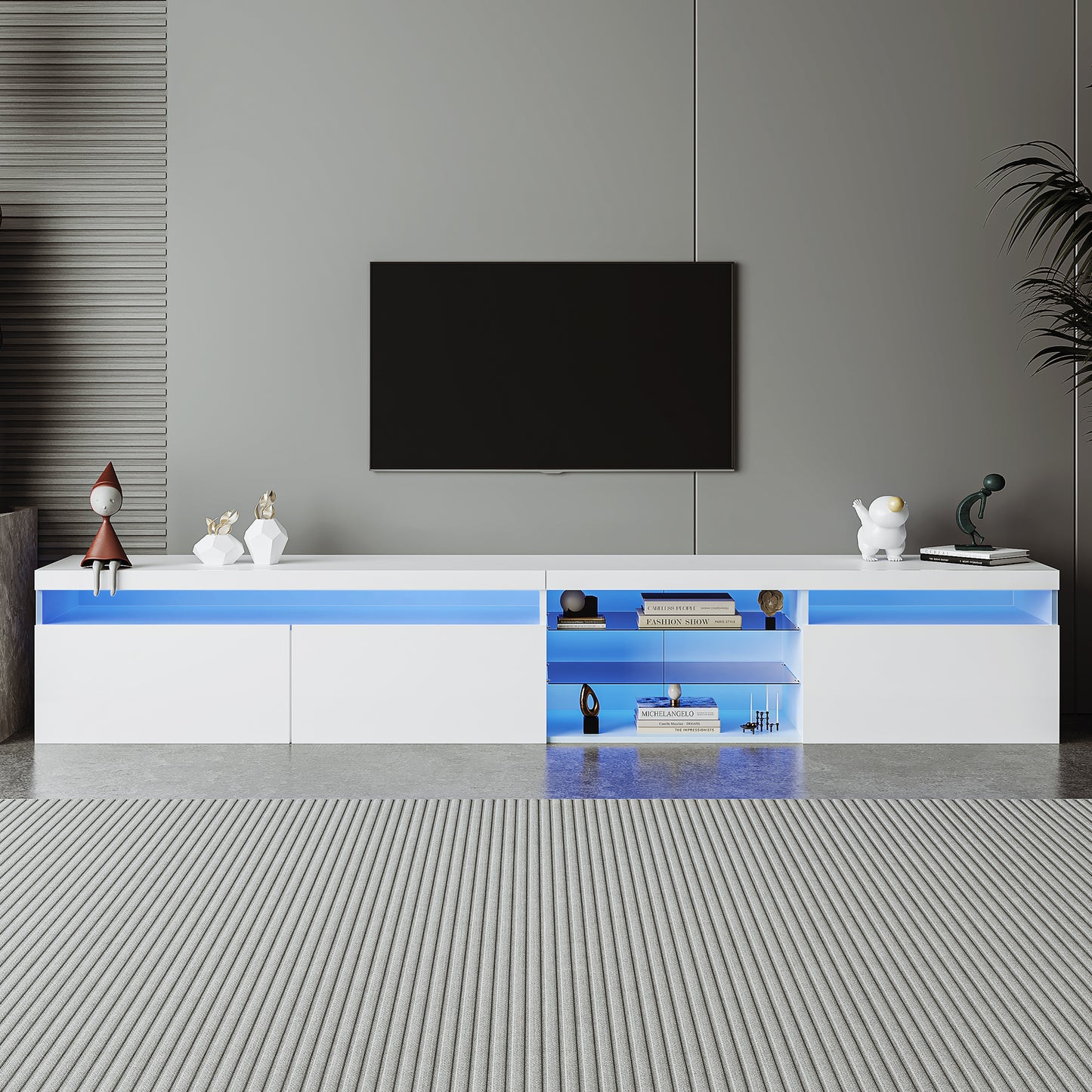 ON-TREND Unique Design TV Stand with 2 Glass Shelves, Ample Storage Space Media Console for TVs Up to 105", Versatile TV Cabinet with LED Color Changing Lights for Living Room, White