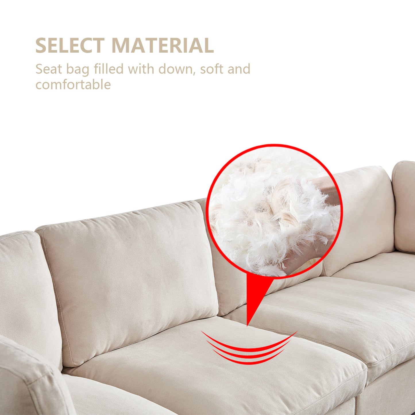 L Shape Modular Soft Fabric Sofa Filled with Down (Beige)