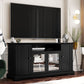 U-Can TV Stand for TV up to 65in with 2 Tempered Glass Doors Adjustable Panels Open Style Cabinet, Sideboard for Living room, Black