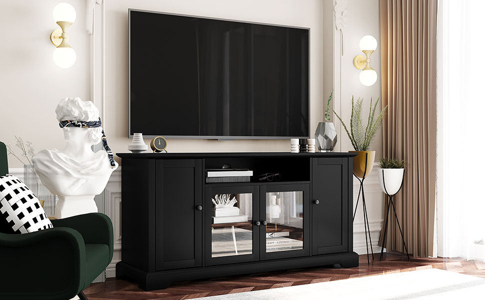 U-Can TV Stand for TV up to 65in with 2 Tempered Glass Doors Adjustable Panels Open Style Cabinet, Sideboard for Living room, Black