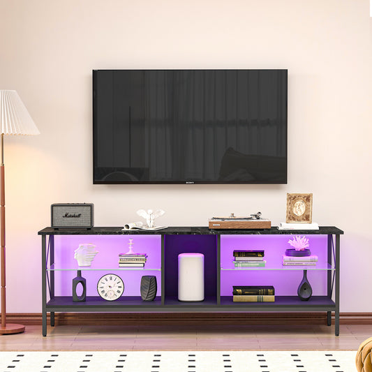 TV stand,Iron TV cabinet,entertainment center, TV set, media console, with LED lights, remote control,toughened glass stand,can be placed in the living room, bedroom, color:black with marble texture