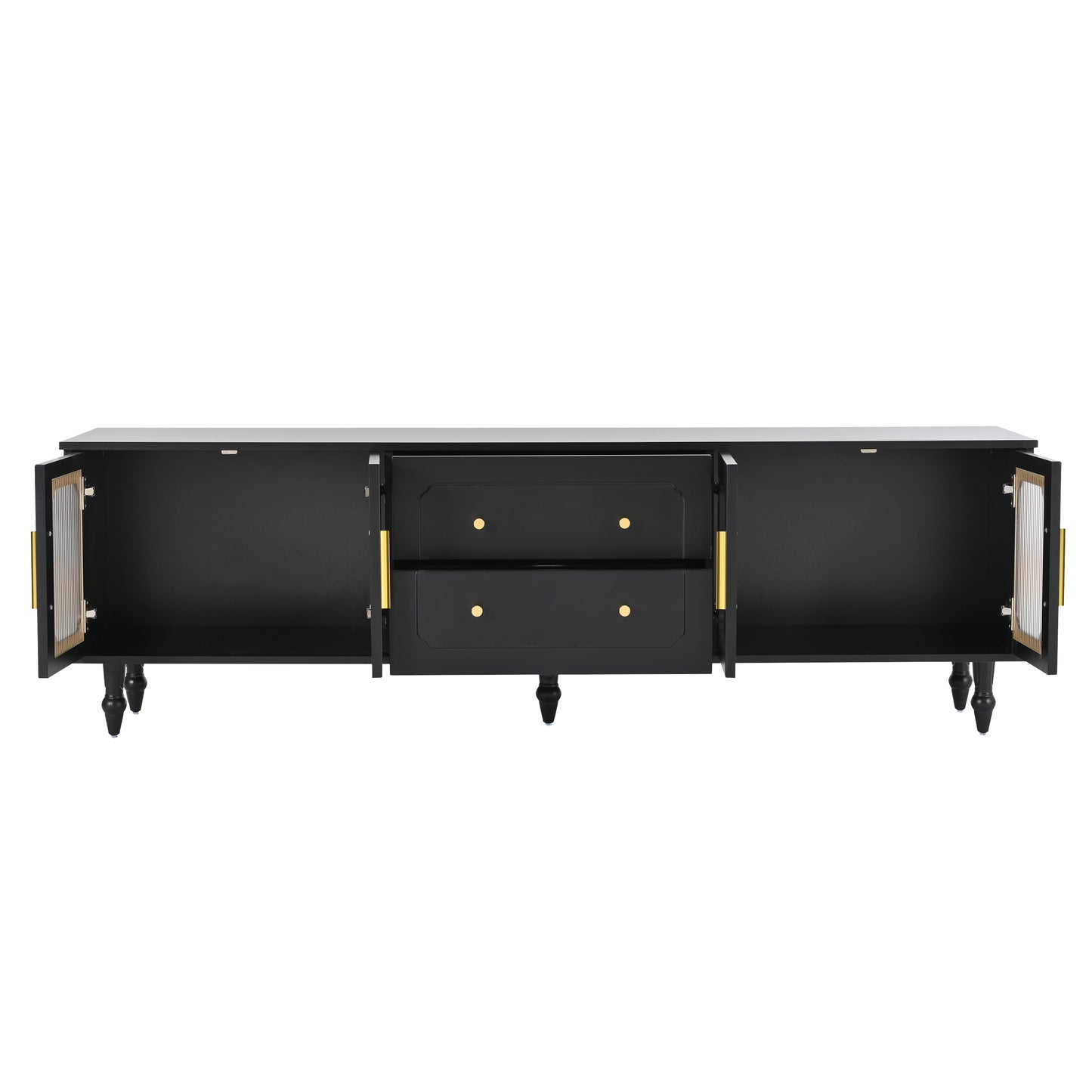 ON-TREND Retro Design TV Stand with Fluted Glass Doors for TVs Up to 78'', Practical Media Console with 2 Drawers and Cabinets, Elegant Entertainment Center for Living Room, Black