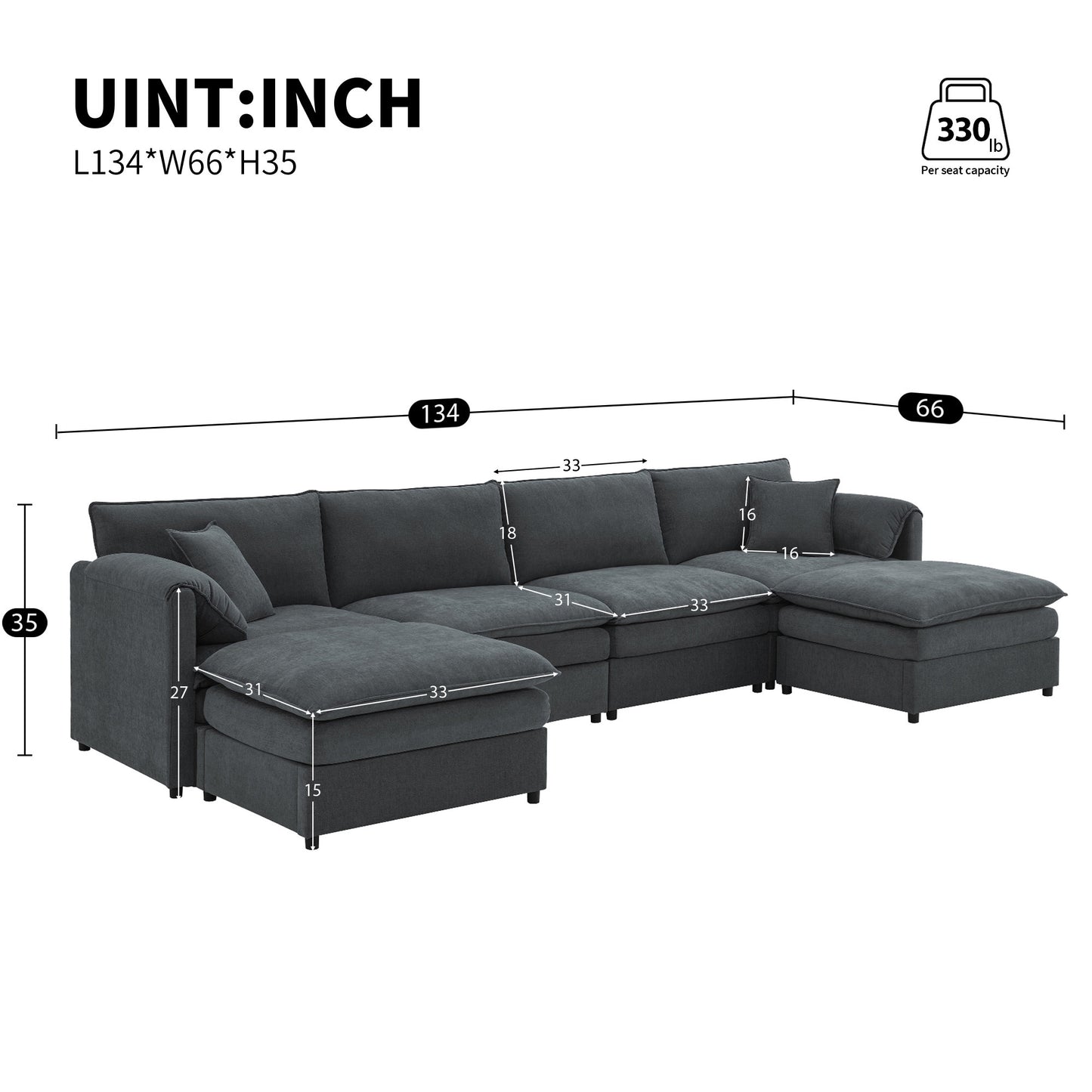 [VIDEO provided] [New] 134*66" Chenille Modular Sectional Sofa,U Shaped Cloud Couch Set with Double Cushions ,6 Seat Sleeper Sofa Bed with Ottomans,Oversized Indoor Furniture for Living Room, 3 Colors