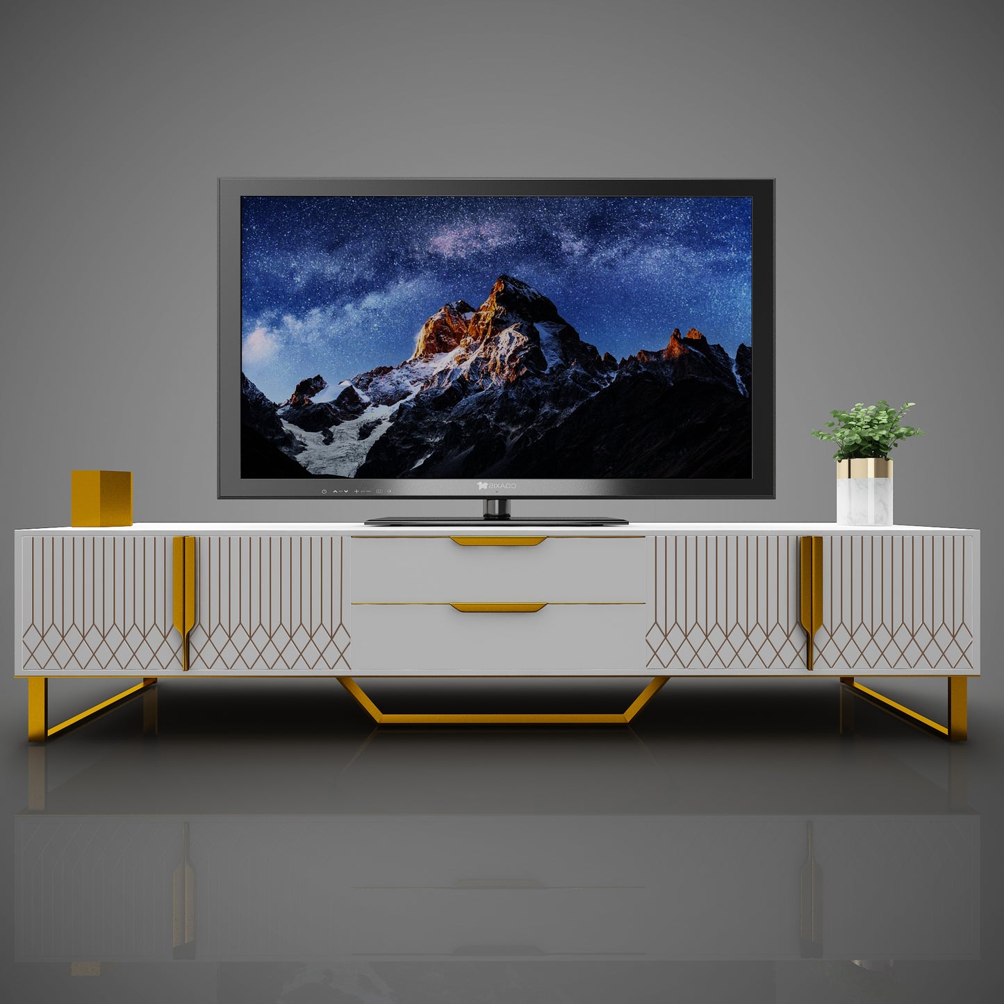 TV Console with Storage Cabinets, Carve Design TV Stand with Metal Legs, Large Storage Space Modern Entertainment Center Suit for Living Room, Bedroom, White