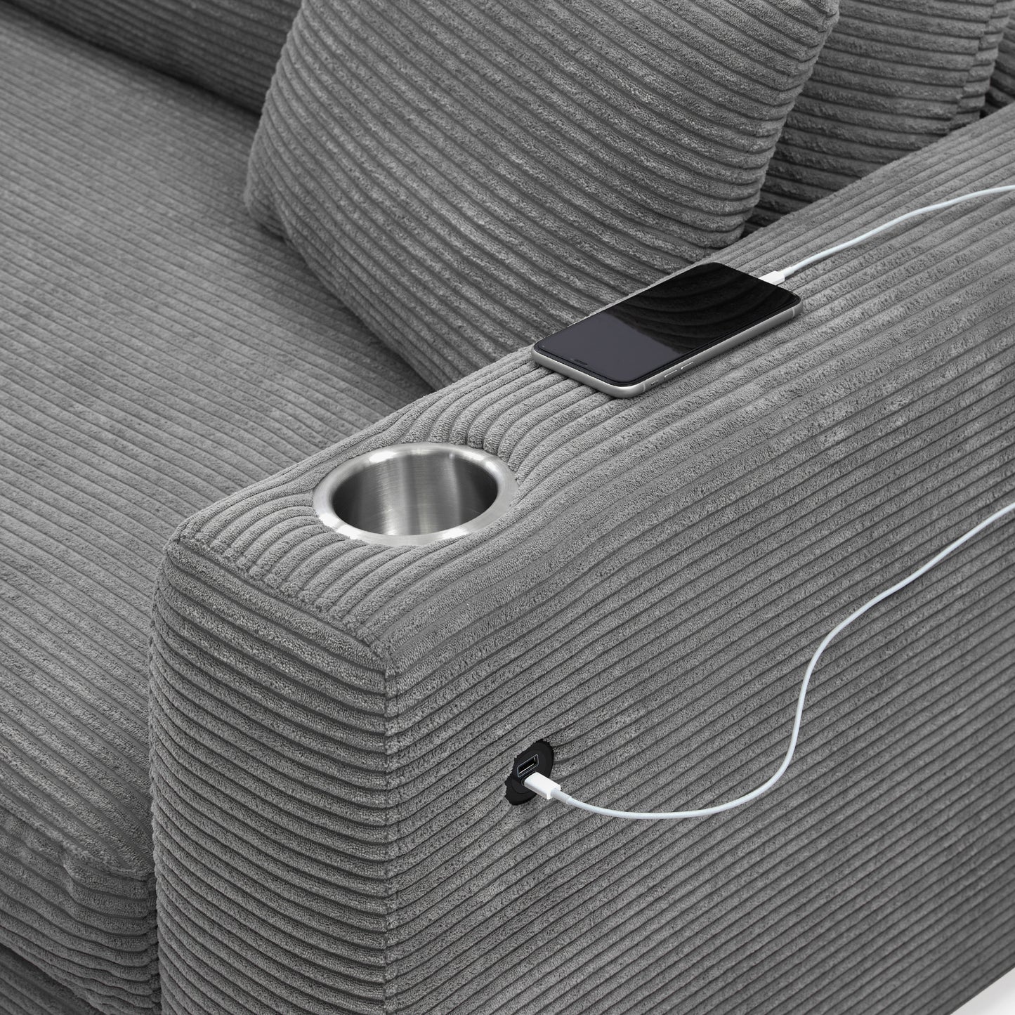 Oversized Corduroy L-Shaped Sectional Sofa with USB Ports & Cup Holders