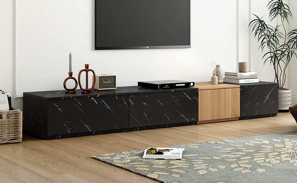 ON-TREND TV Stand with Faux Marble and Walnut Wood Grain Finish for TVs up to 88'', Modern Free-Combination Entertainment Center with 4 Storage Drawers for Living Room, Black