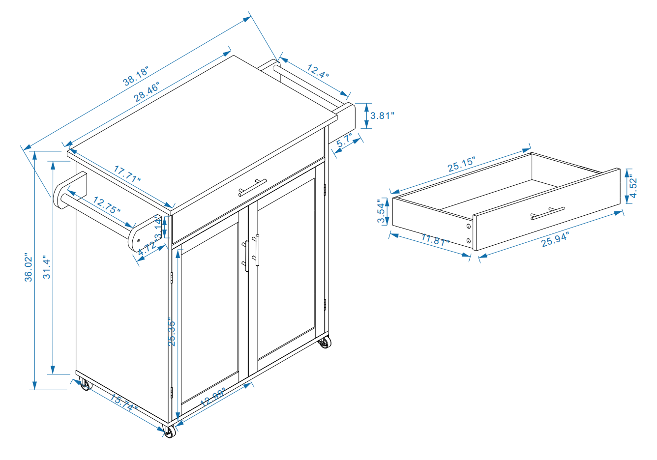 Kitchen island rolling trolley cart with Adjustable Shelves and towel rack rubber wood table top