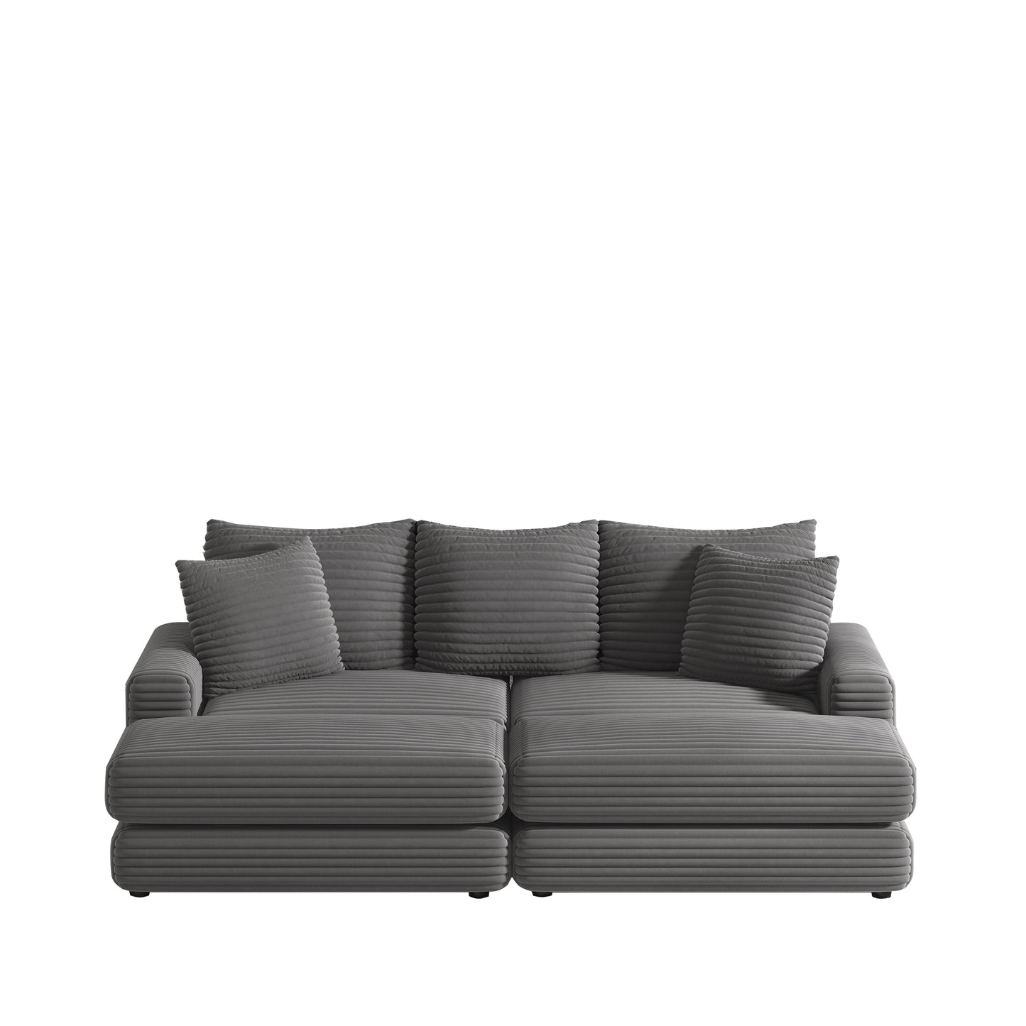 Corduroy 3-Seater Sofa with Dual Ottomans & Plush Pillows