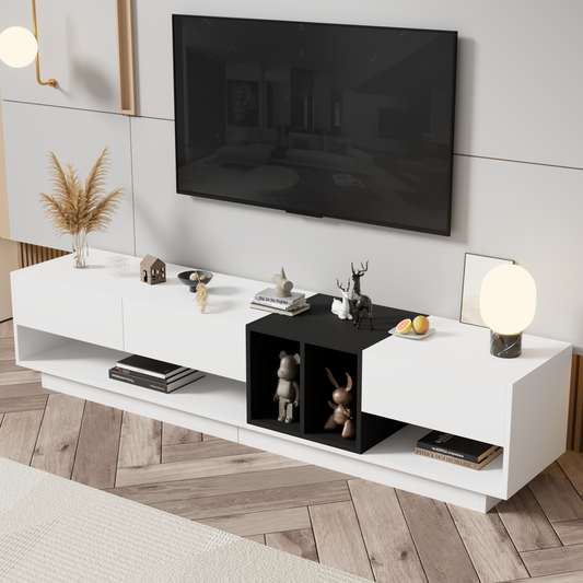 ON-TREND Sleek and Stylish TV Stand with Perfect Storage Solution, Two-tone Media Console for TVs Up to 80'', Functional TV Cabinet with Versatile Compartment for Living Room, White