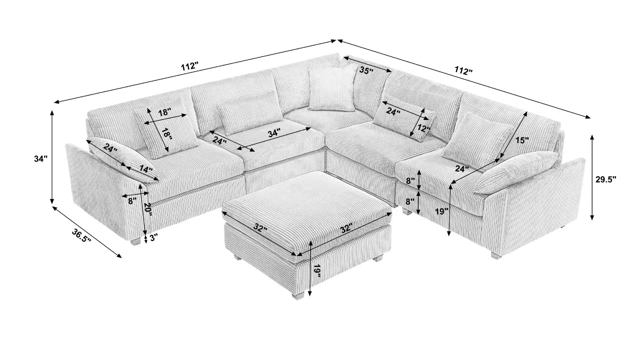 Oversized Corduroy Cloud Sectional Sofa with Plush Ottoman