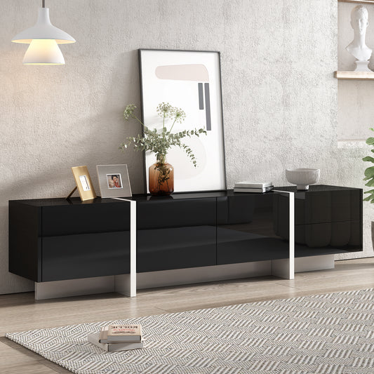 ON-TREND White & Black Contemporary Rectangle Design TV Stand, Unique Style TV Console Table for TVs Up to 80'', Modern TV Cabinet with High Gloss UV Surface for Living Room.