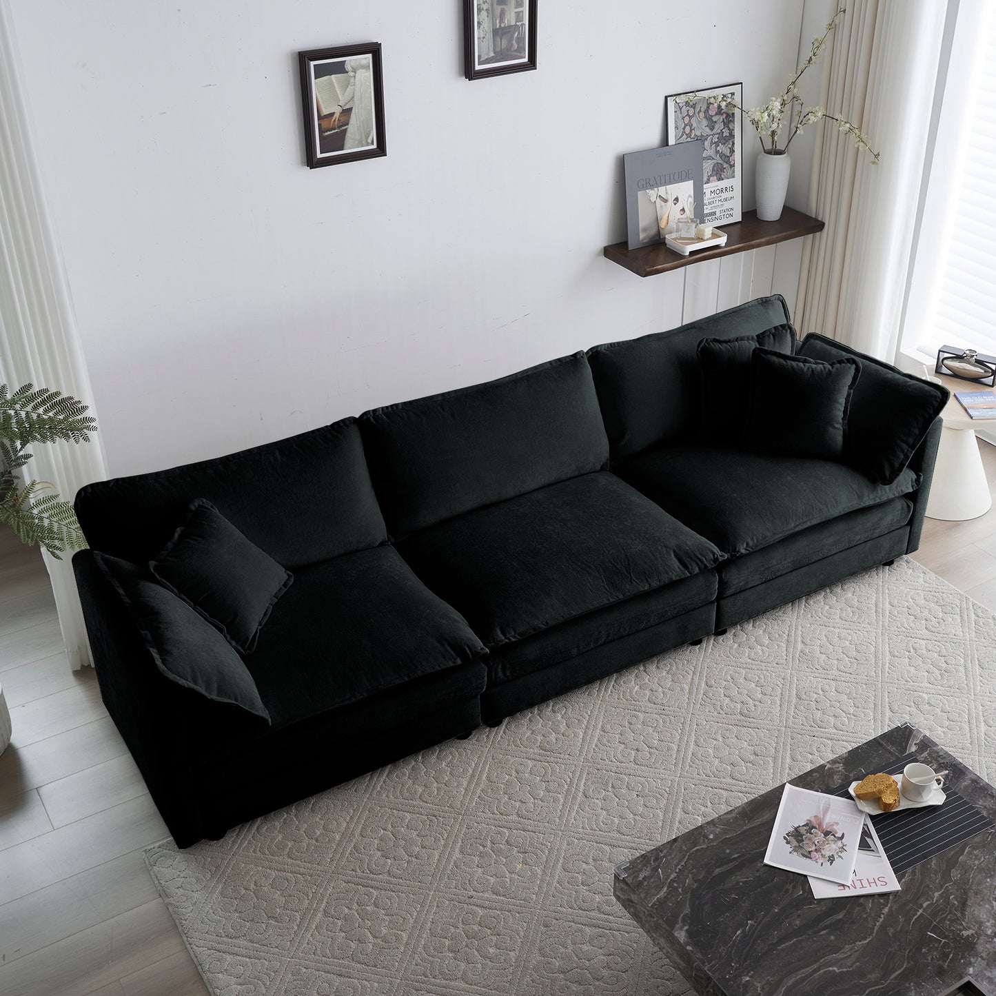 Mid-Century Modern Couch 3-Seater Sofa with 2 Armrest Pillows and 3 Toss Pillows, Couch for Living Room Black Chenille