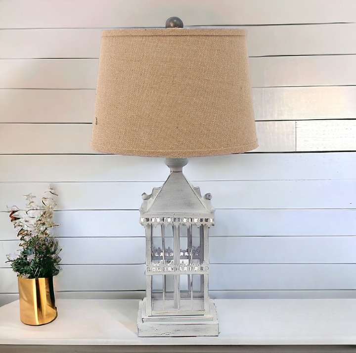 26" Gray Metal Table Lamp With Brown Drum Shade