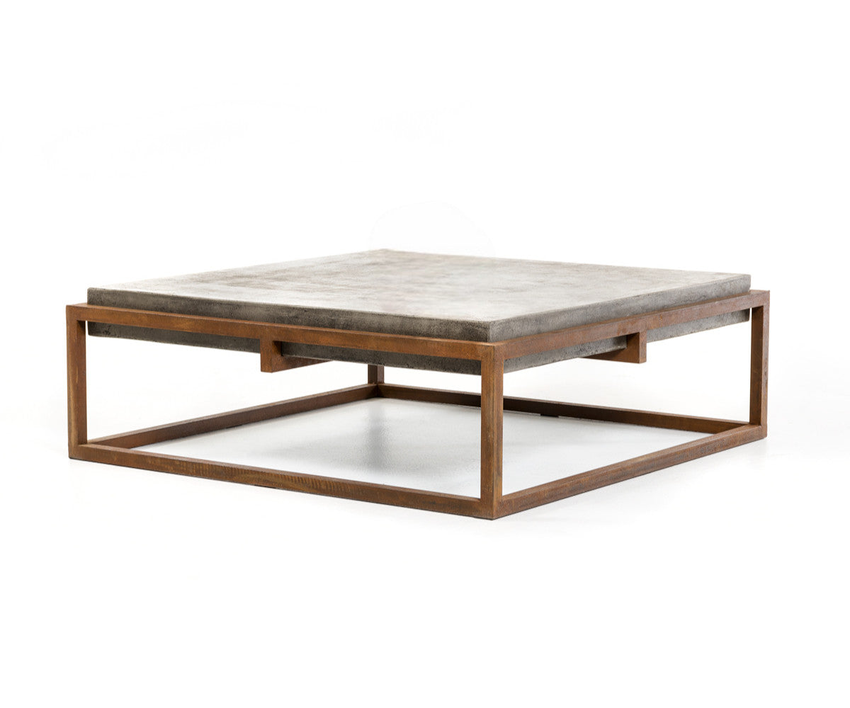 42" Dark Gray And Rust Concrete And Iron Square Coffee Table