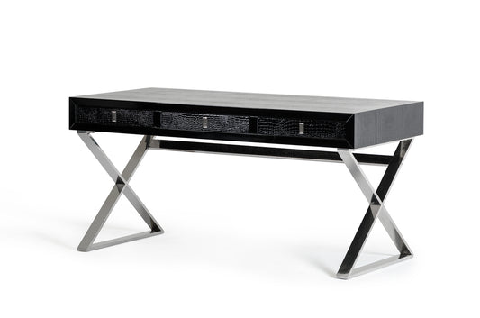 57" Black And Silver Wood And Stainless Steel Coffee Table With Three Drawers