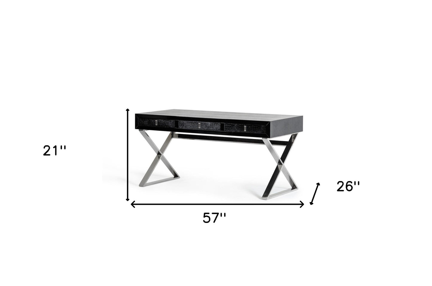 57" Black And Silver Wood And Stainless Steel Coffee Table With Three Drawers