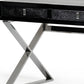 57" Black And Silver Wood And Stainless Steel Coffee Table With Three Drawers